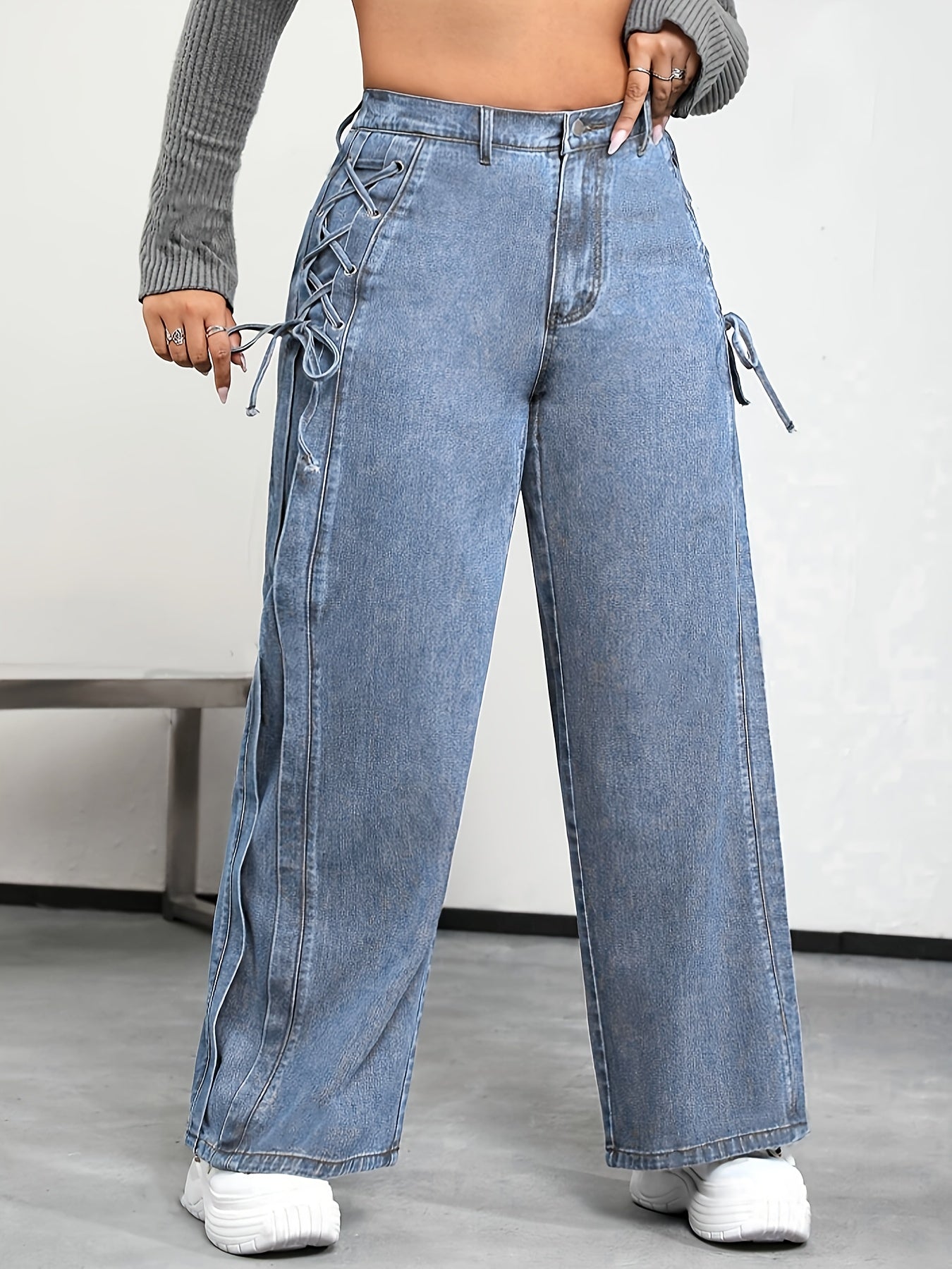 Plus Size Women's Wide Leg Casual Jeans With Side Tie Elastic Waist
