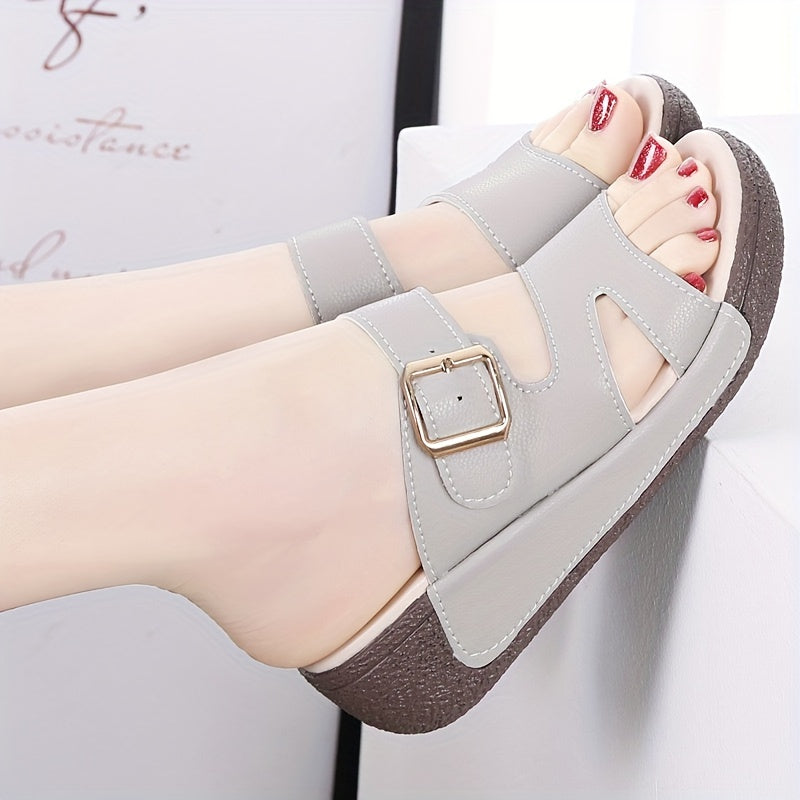 Women's Gray Wedge Slides with Brown Sole Open Toe Double Buckle Straps Casual All-Season