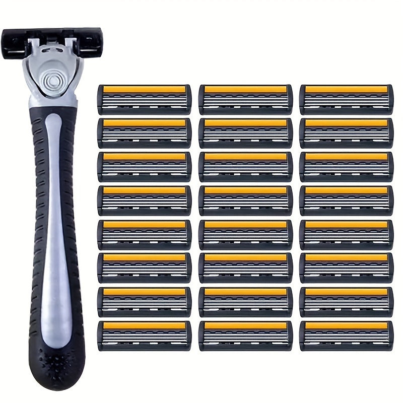 Men's Safety Razor for Facial Hair and Beard Grooming with Yellow Three-Layer Blade