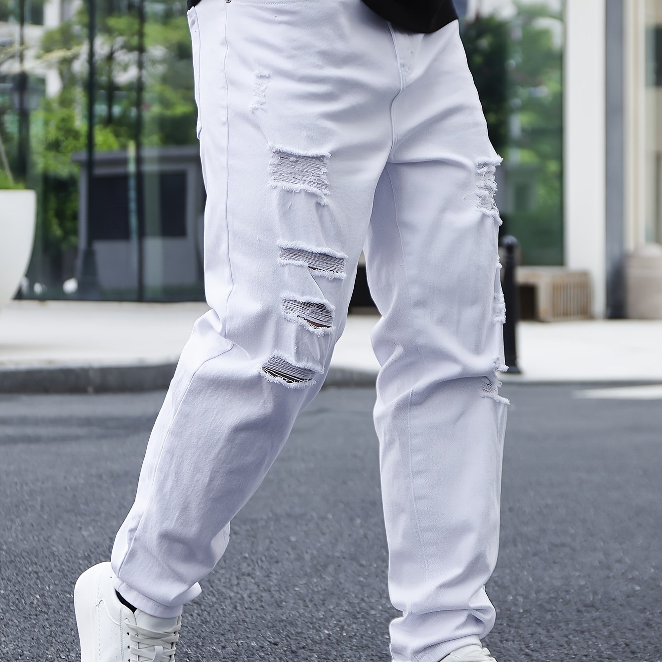 Vaqueros ajustados de talla grande para hombre en azul oscuro con roturas desgastadas, mezclilla elástica para todas las estaciones