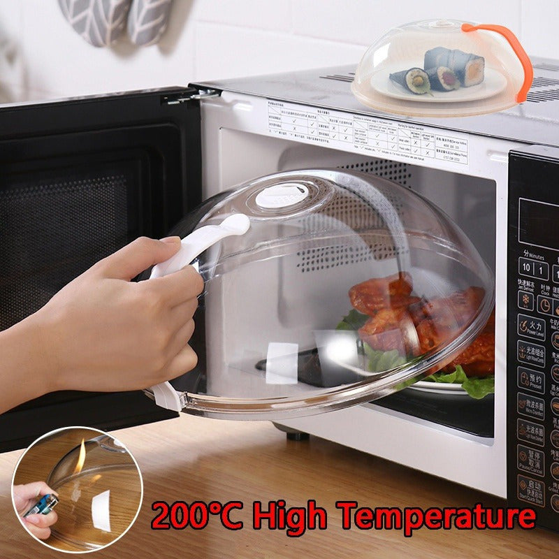 Durable Transparent ABS Microwave Splatter Guard with Orange Handle and Steam Vents