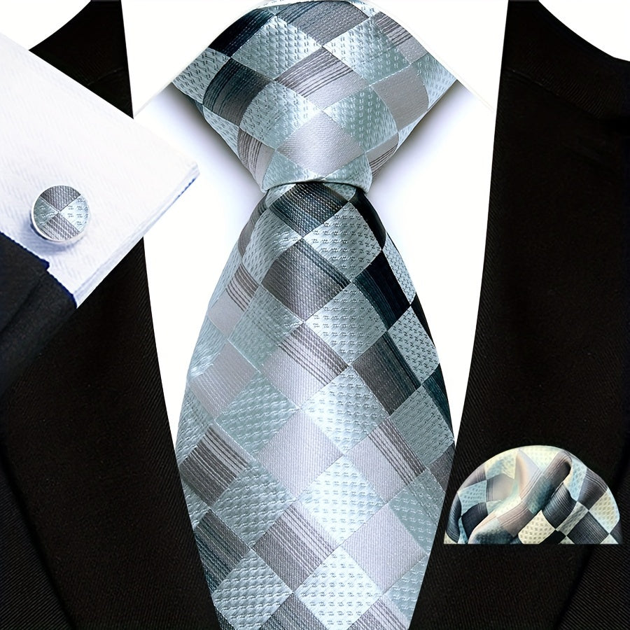 Men's Plaid Pattern Tie Pocket Scarf Cuff Set for Suits Gift