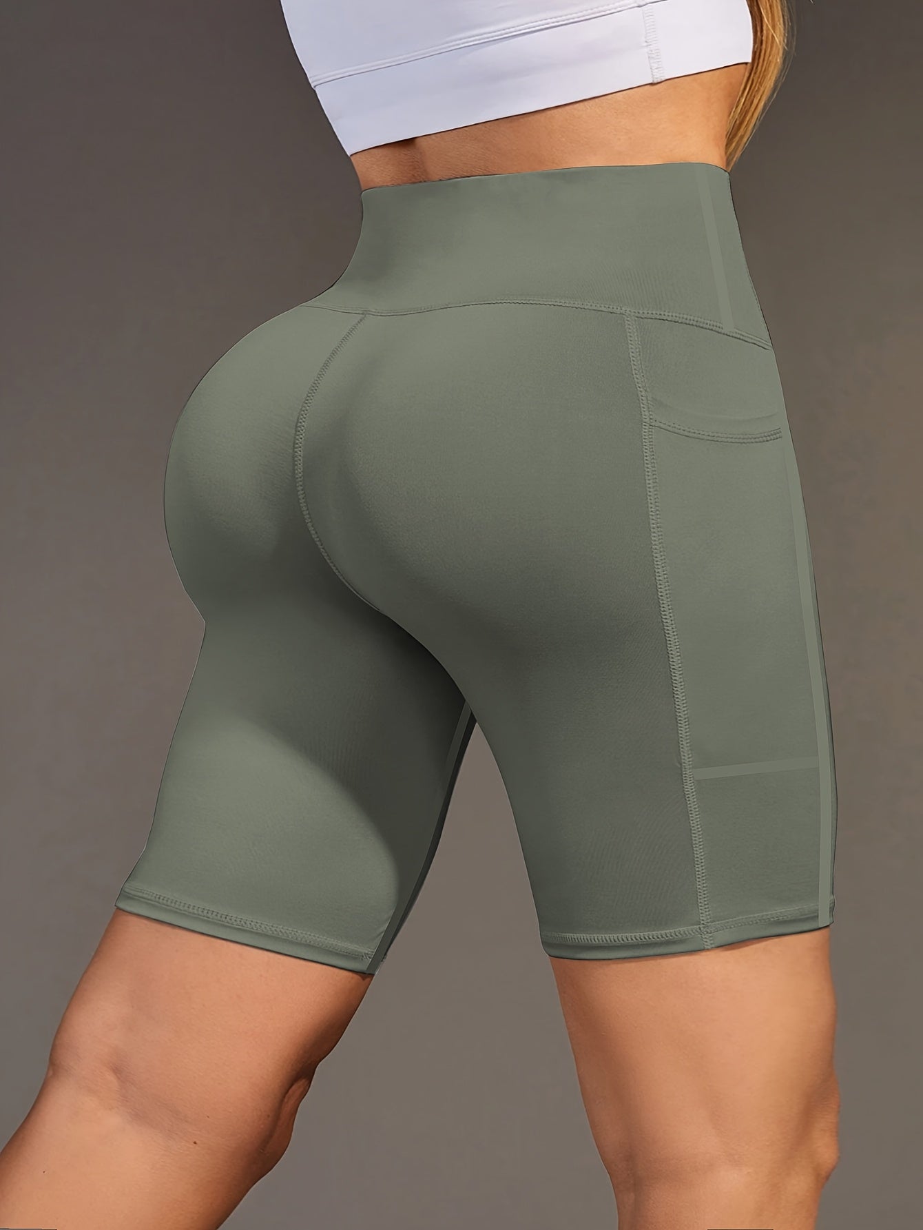 Ayollar uchun yoga shortlari, yuqori bel, cho'ntaklar, elastik to'qima, teal rang, fitnes, kundalik foydalanish