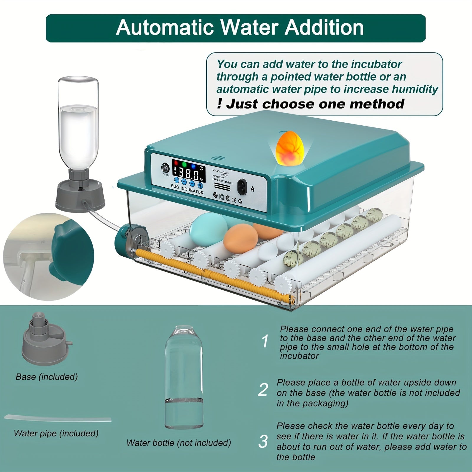 Avtomatik tuxum inkubatorlari 12-16 tuxumni saqlaydi, avtomatik aylantirish, suv to'ldirish, LED displey, ichki foydalanish uchun