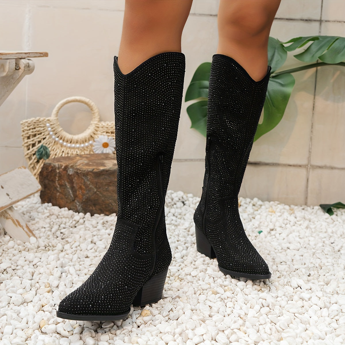 Women's Rhinestone Decor Chunky Heel Dress Boots with Side Zipper
