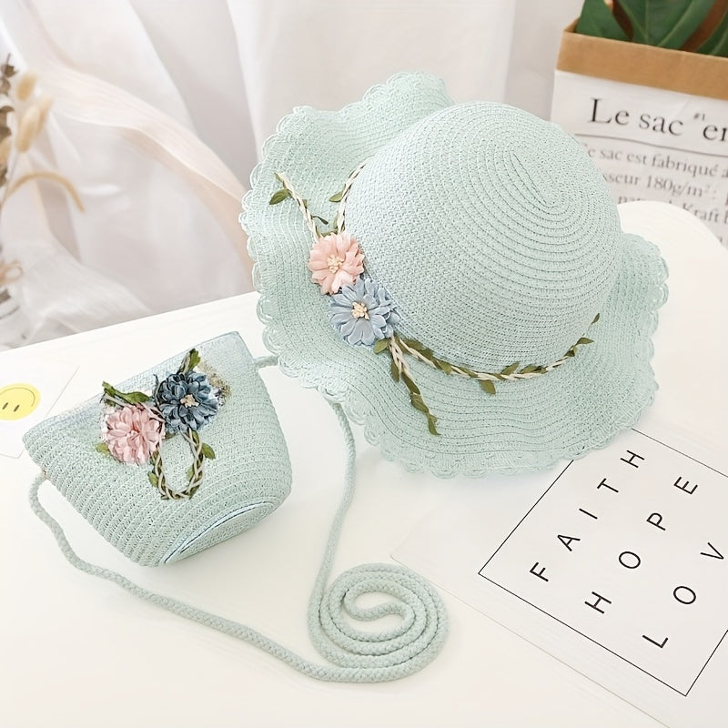 Girls' Straw Hat and Bag Set for Kids with Lace-Trim Flowers Beige Summer Outdoor Beach Vacation