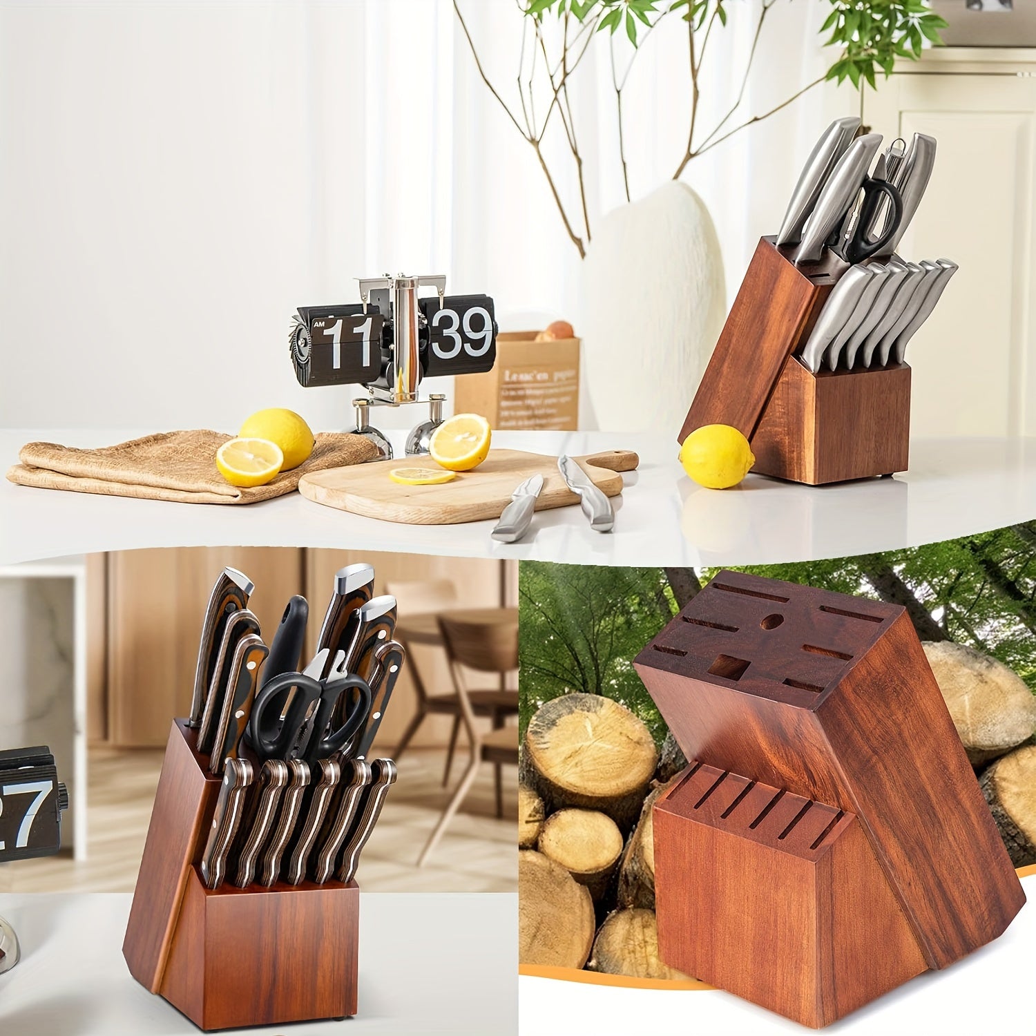 Acacia Wood Knife Block with 14 Slots for Kitchen Knives and Sharpening