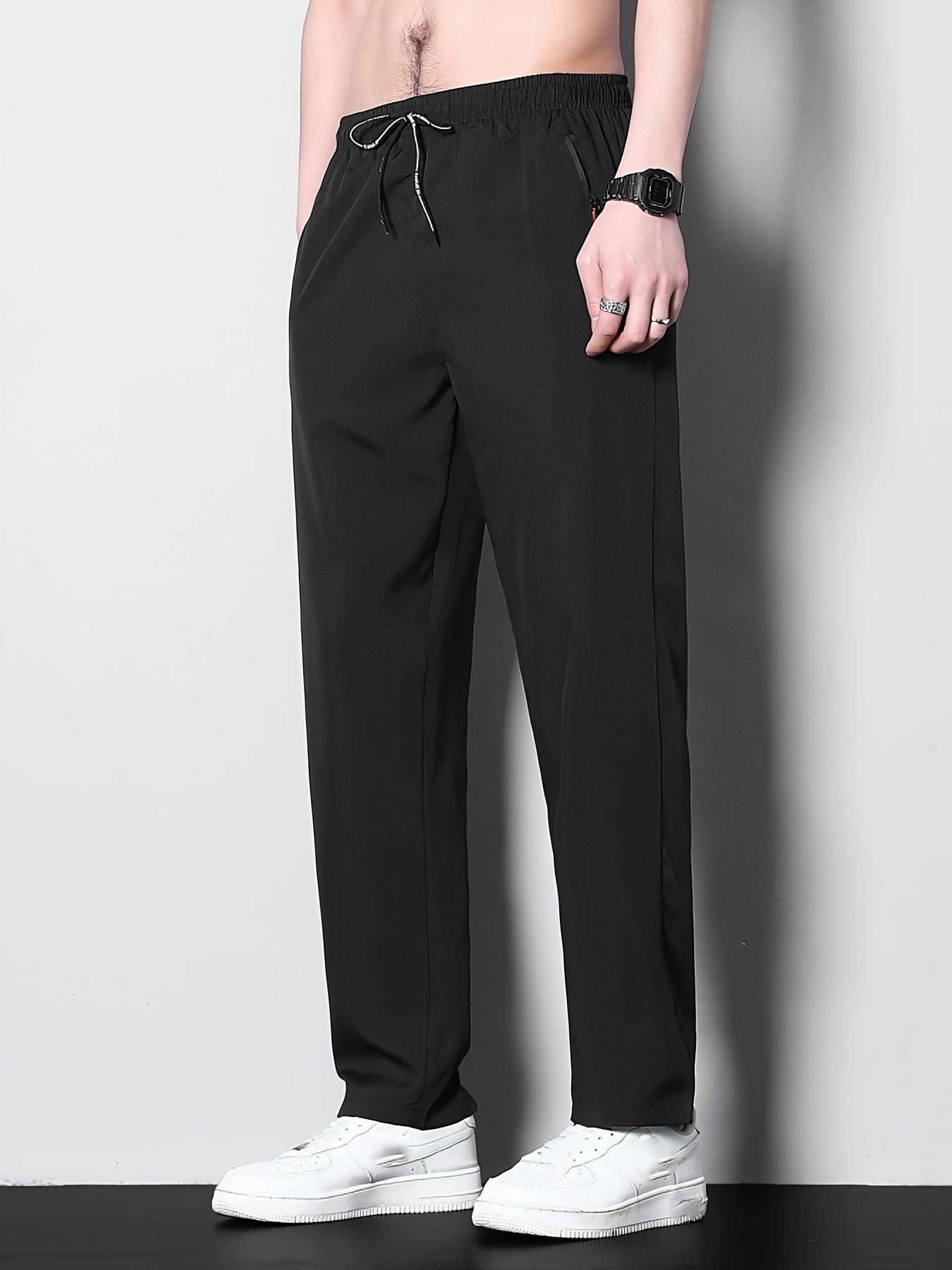 Men's Solid Polyester Casual Pants with Zipper Pockets for Summer Outdoor Activities