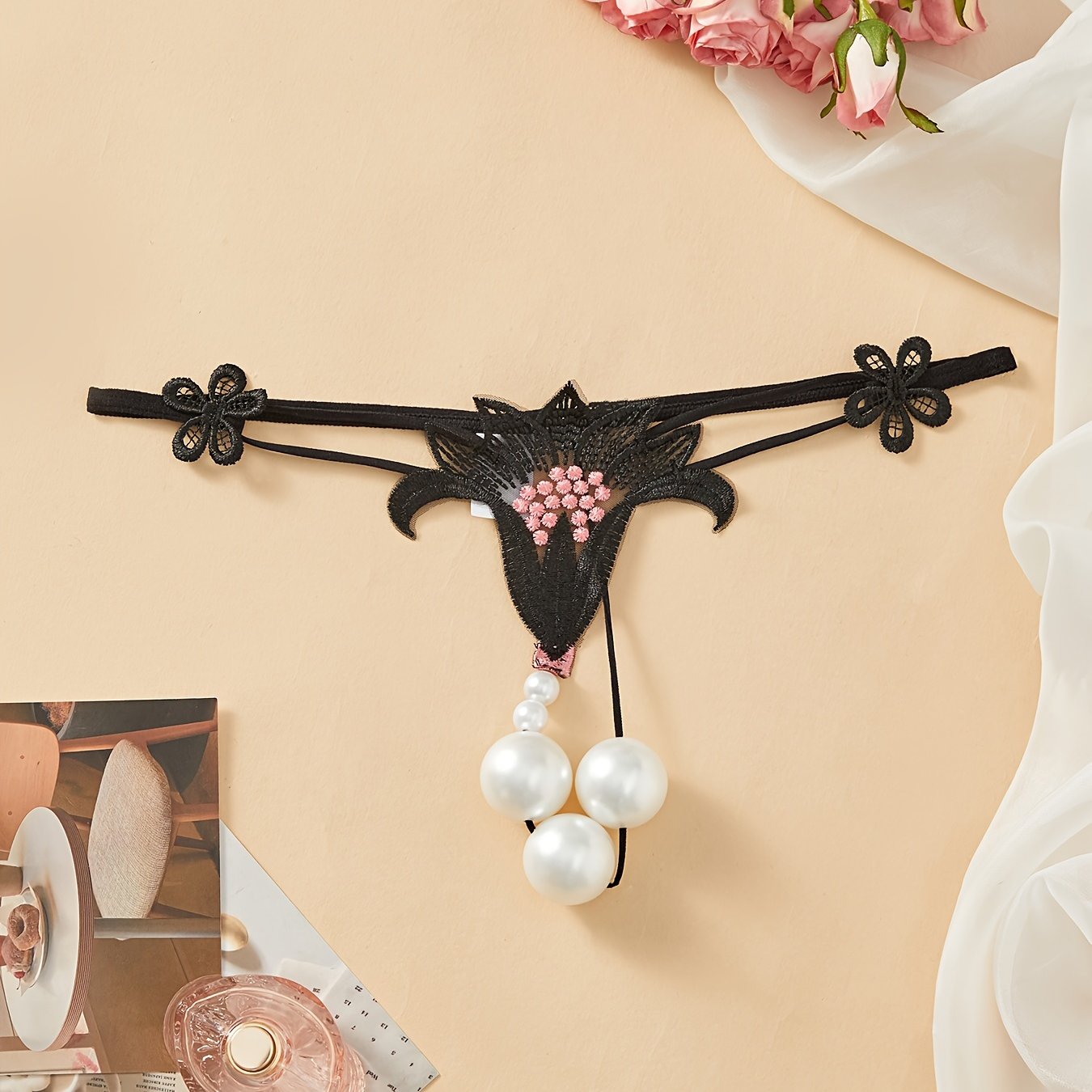 Women's Floral Beaded Low-Rise Thong Panties Lingerie