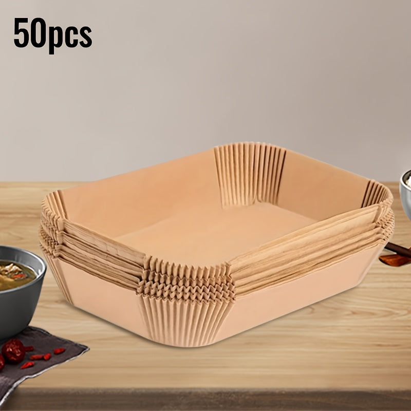 50-pack одноразовых подкладок для фритюрниц, квадратная антипригарная пергаментная бумага, устойчивая к маслу и воде. Эти безсвинцовые листы для выпечки пищевого качества идеально подходят для приготовления в фритюрнице.