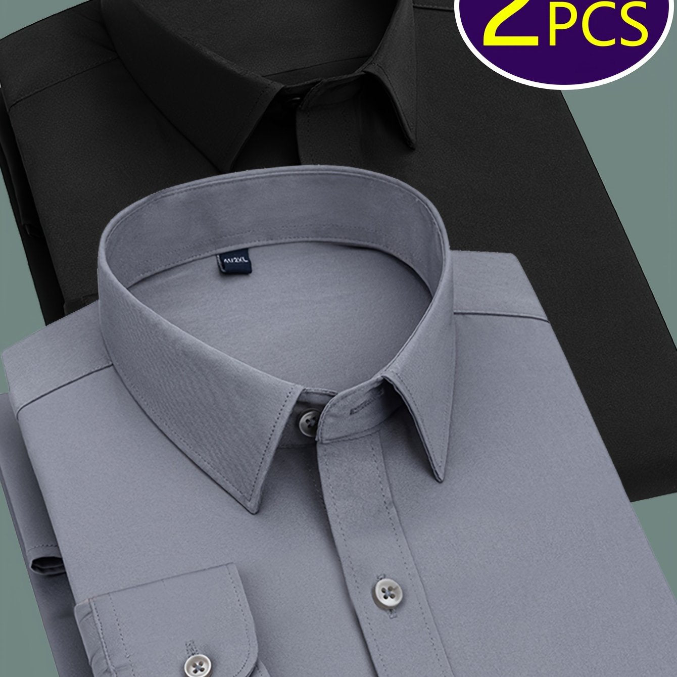 Men's Work Style Polyester Dress Shirts Set of Two Solid Color Regular Fit Long Sleeve Lapel Collar