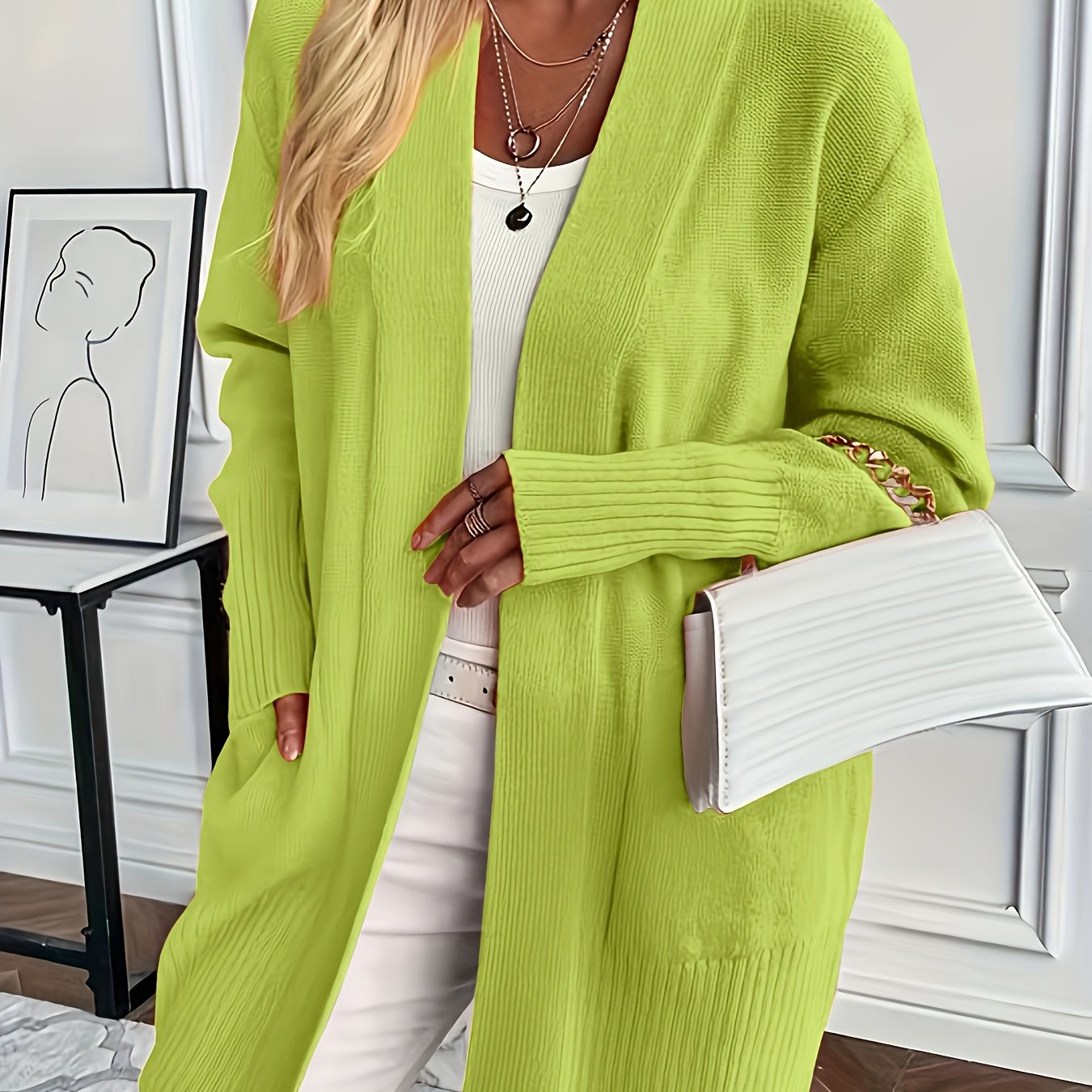 Women's Long Sleeve Knit Cardigan with Open Front and Pockets Fall Winter Solid Color Loose Fit