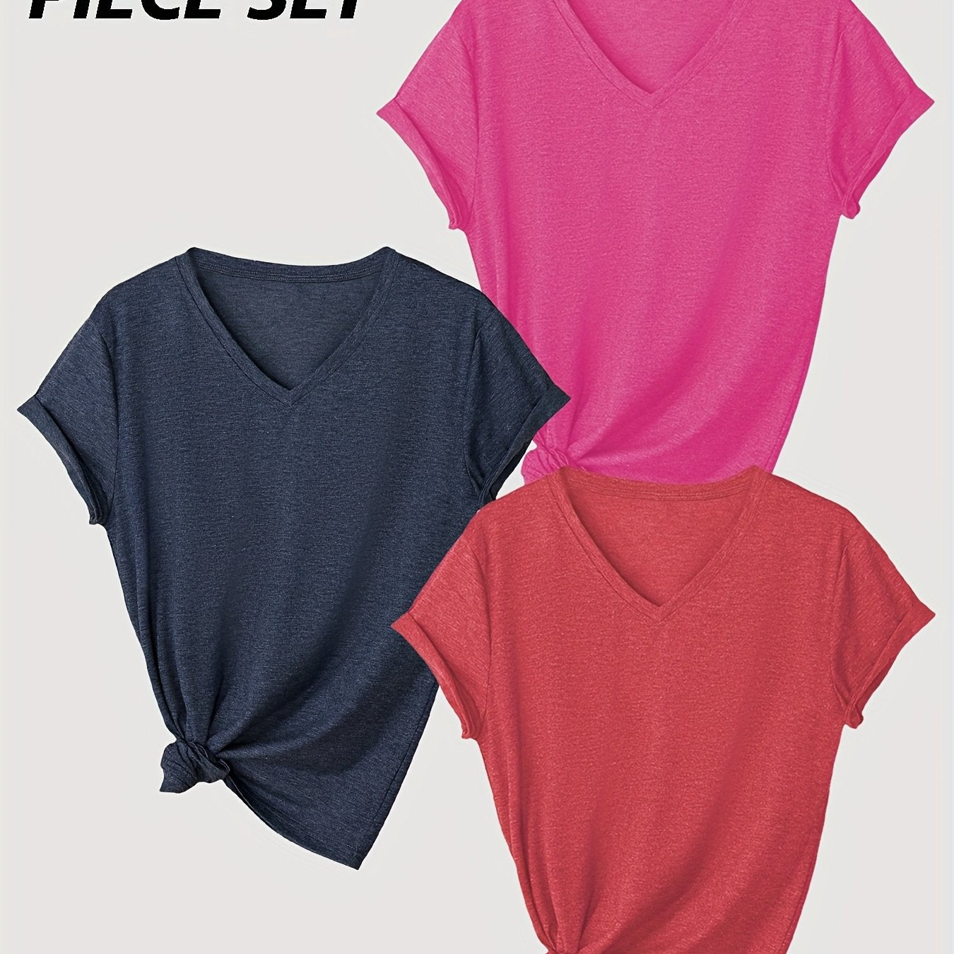 Short Sleeve V-Neck T-Shirt Set for Women Solid Color Rayon Casual Regular Fit