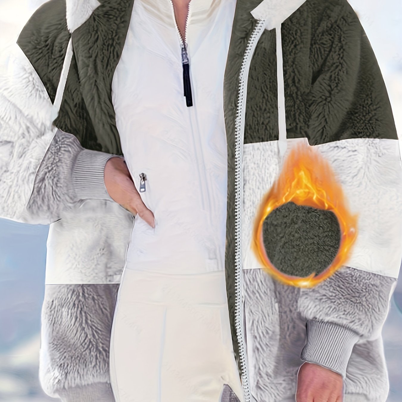 Women's Fleece-Lined Hooded Jacket with Front Pockets Loose Fit Fall Winter Polyester