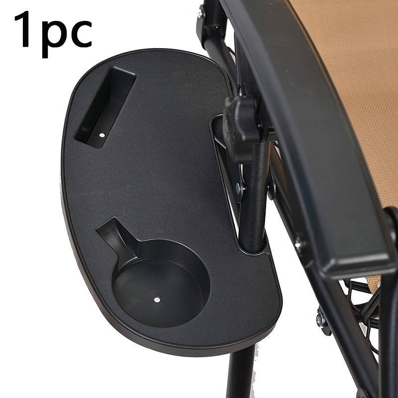 Black Folding Chair Attachment with Beverage and Snack Trays for Outdoor Use
