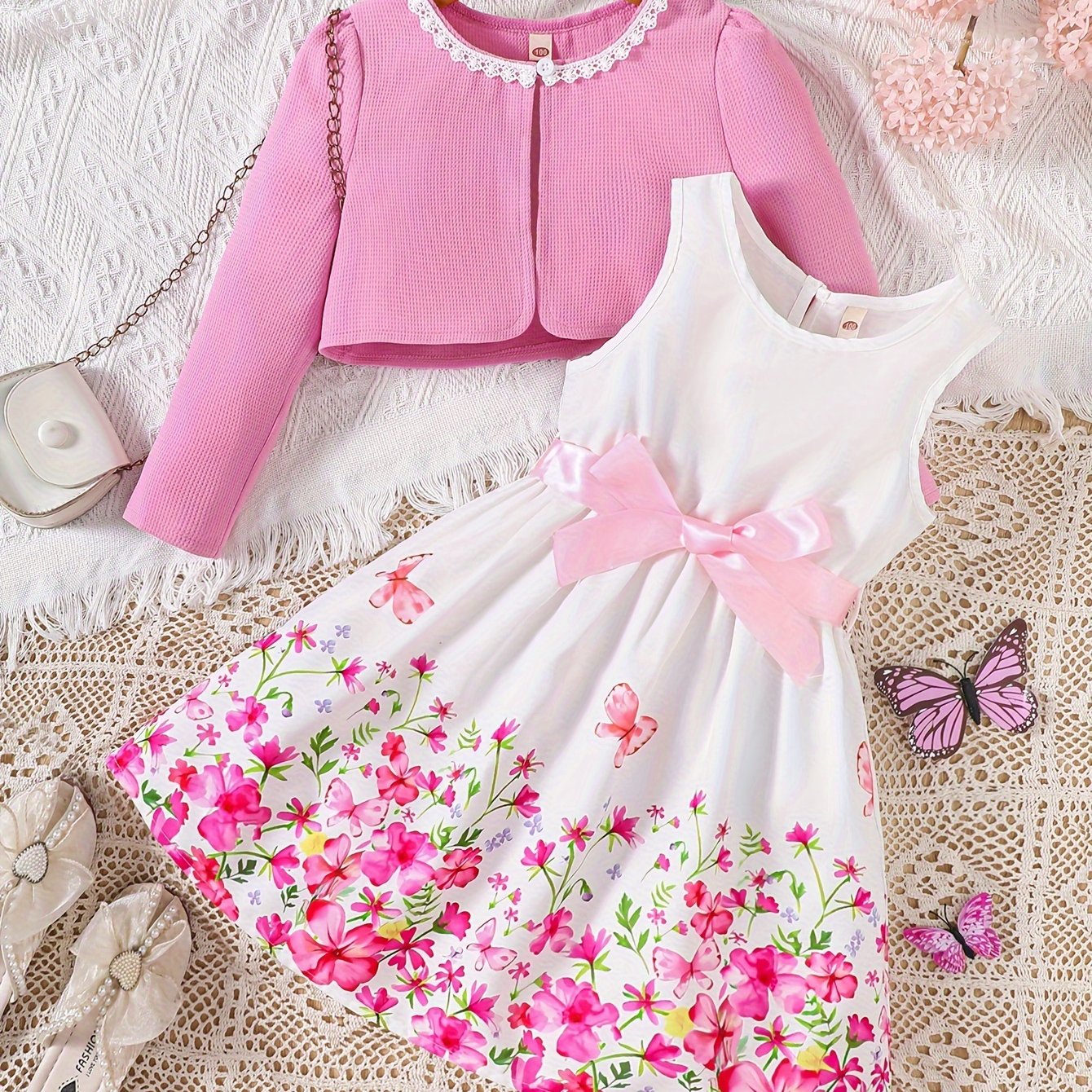 Girls Spring Floral 2-Piece Dress Set with Cardigan Polyester for Outdoor Wear