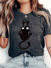 Women's Gray Short Sleeve T-Shirt with Cat Print Casual Spring Summer Autumn