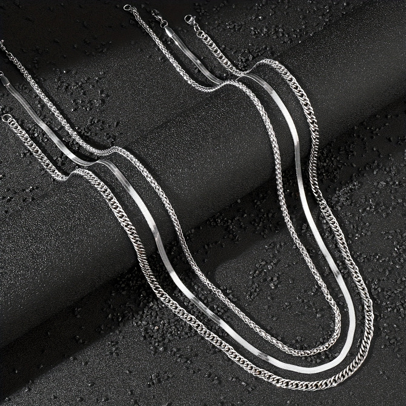 Set of 3 Black Stainless Steel Necklaces for Men Punk Gothic Chain Jewelry