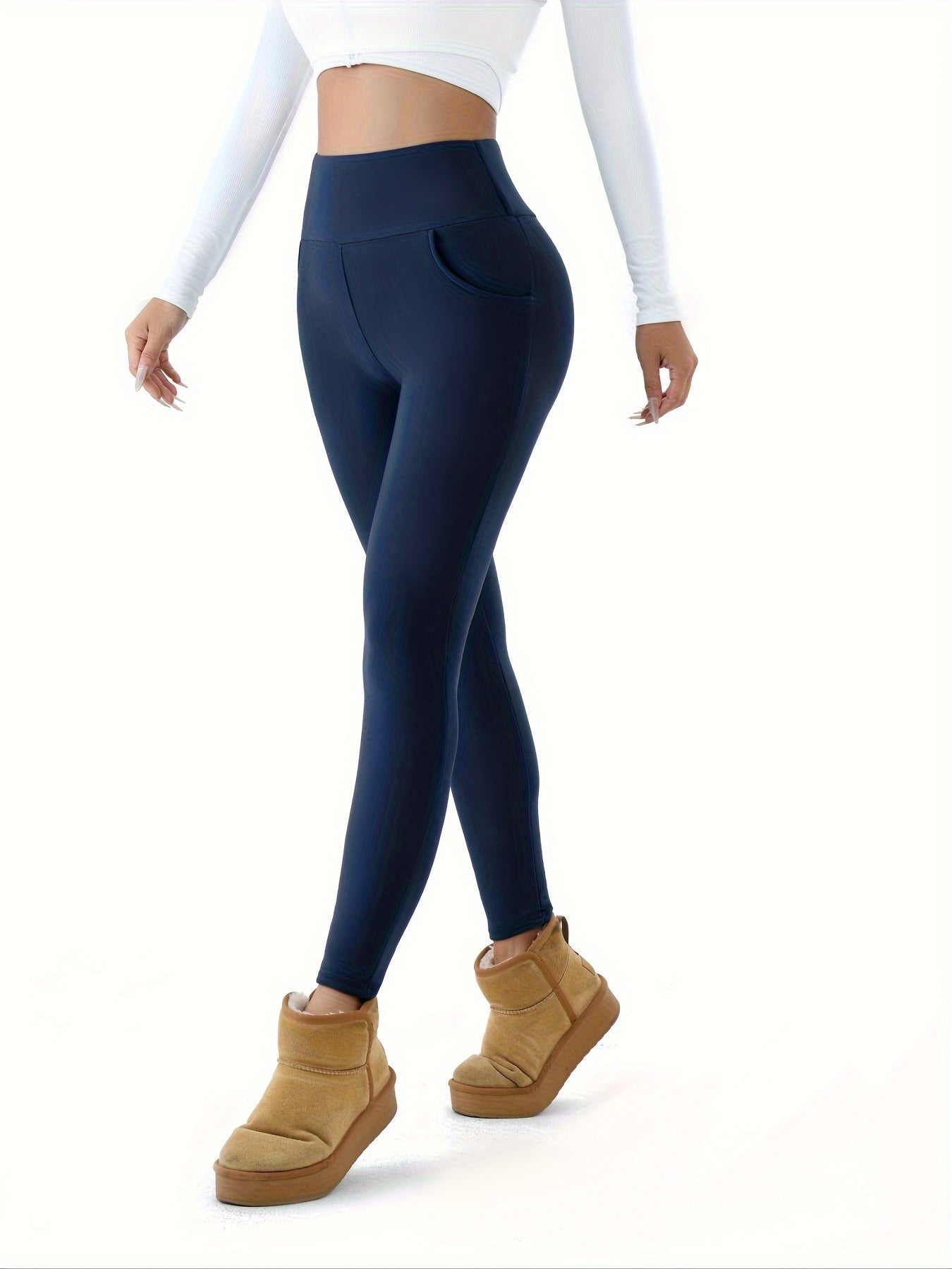 Women's High-Waist Plush Lined Leggings with Pockets for Yoga and Workout