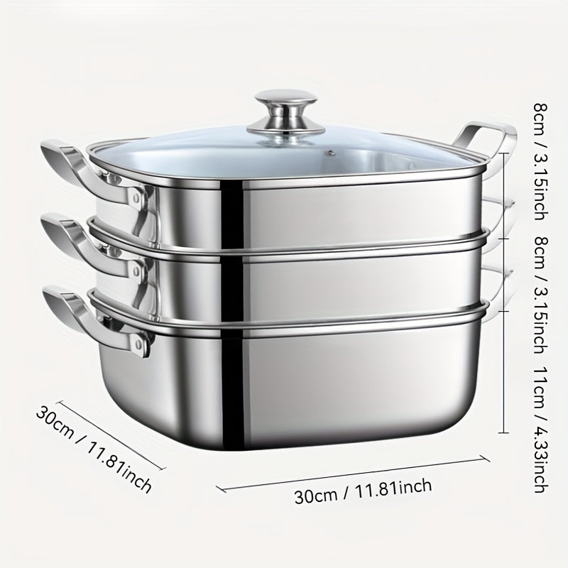 12-Inch Stainless Steel 3-Tier Steamer with Glass Lid, High Capacity, Durable