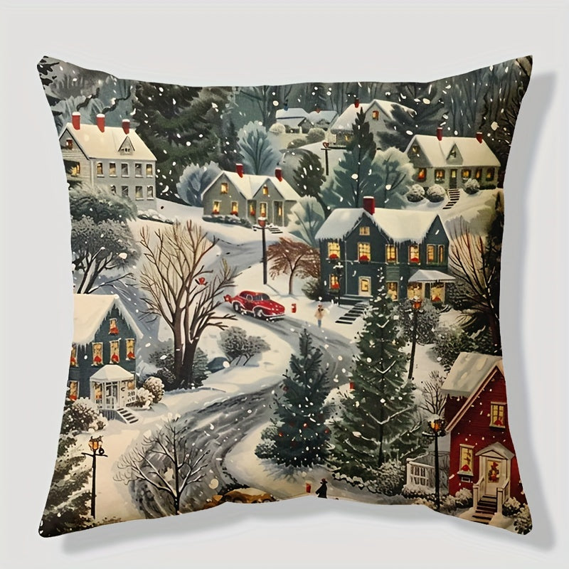 Christmas Eve Snow Scene Linen Throw Pillow Cover 44.96cm Zippered Machine Washable for Sofa Living Room Bedroom