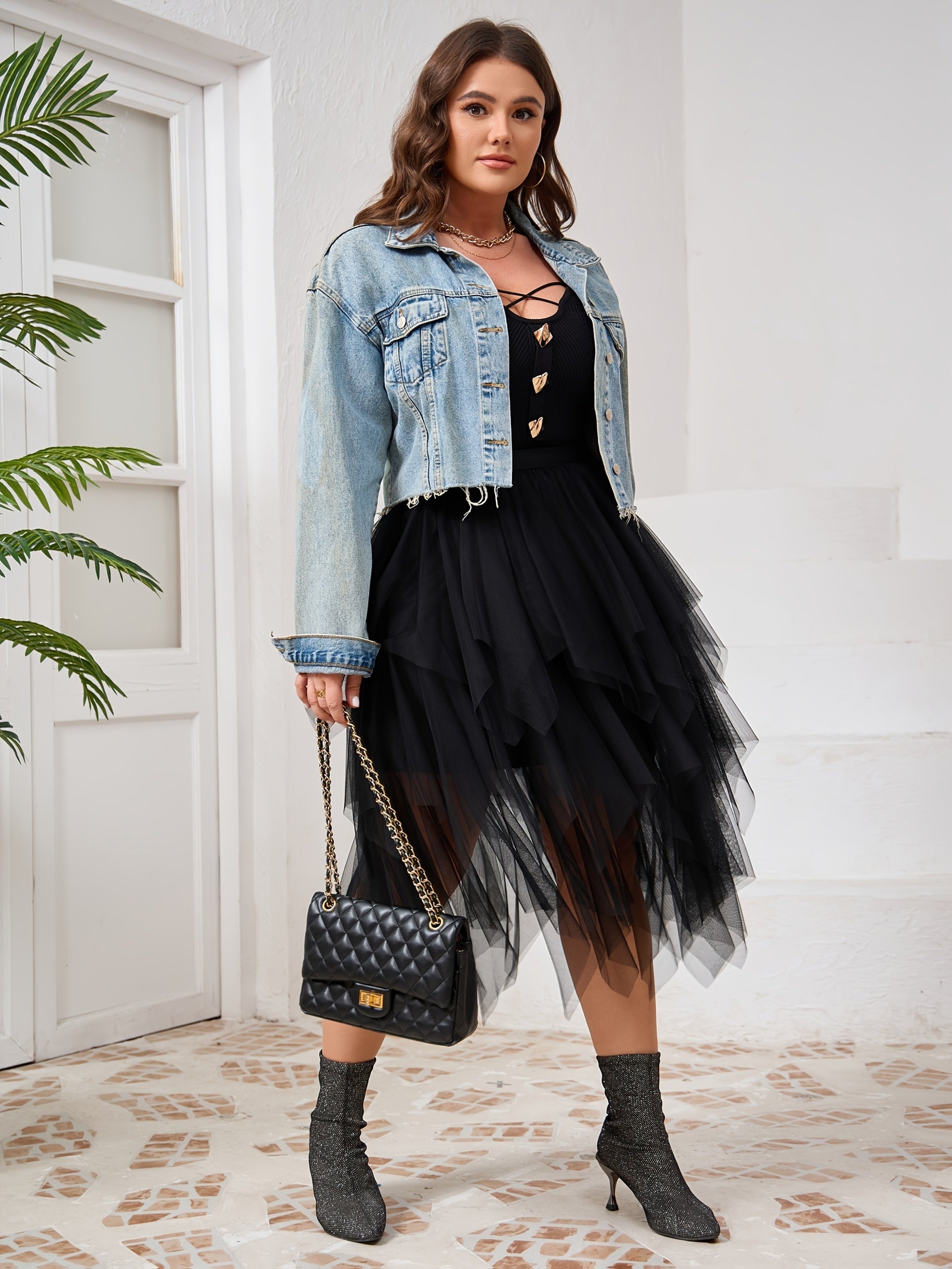 Falda irregular de malla negra para mujer talla grande para primavera verano otoño invierno