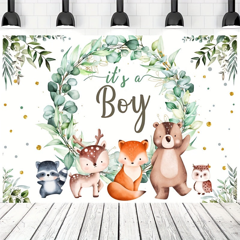 Baby Shower Background for Boy with Green Garland Fox and Wild Animals