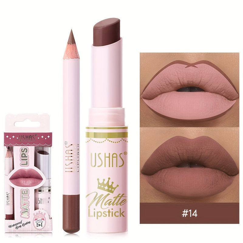 Set de lápiz labial mate y perfilador de labios para mujer, a prueba de agua, tono nude, con alto pigmento