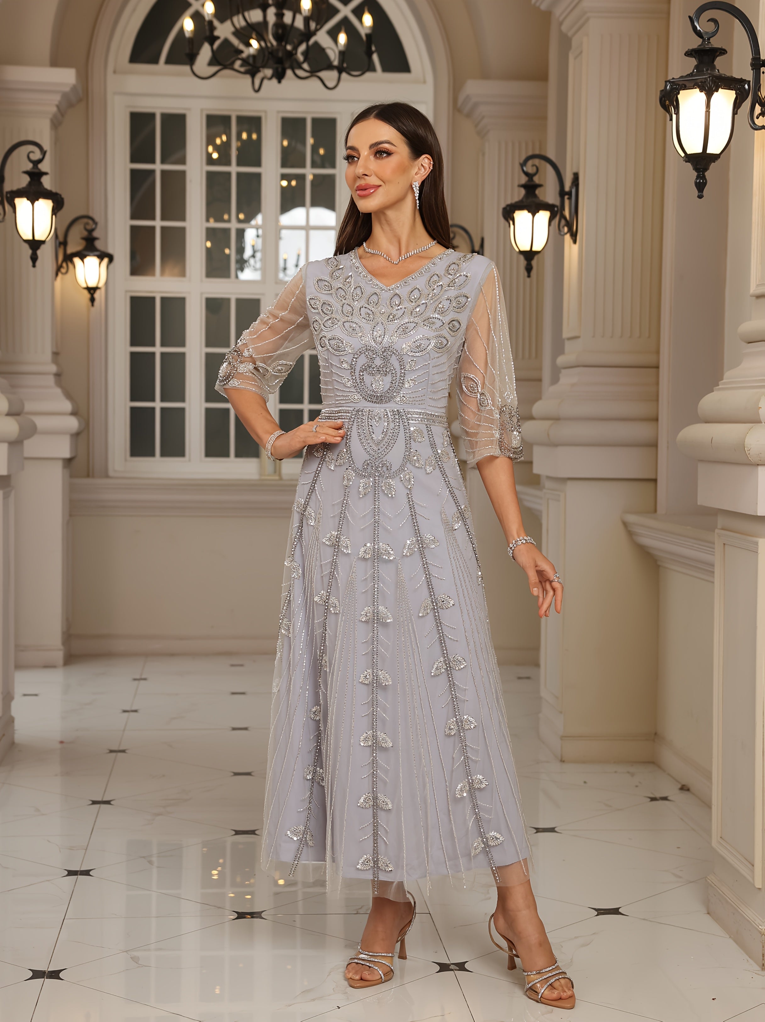 Women Sequin V-Neck Evening Gown Half Sleeve Formal Dress for Spring Summer Fall