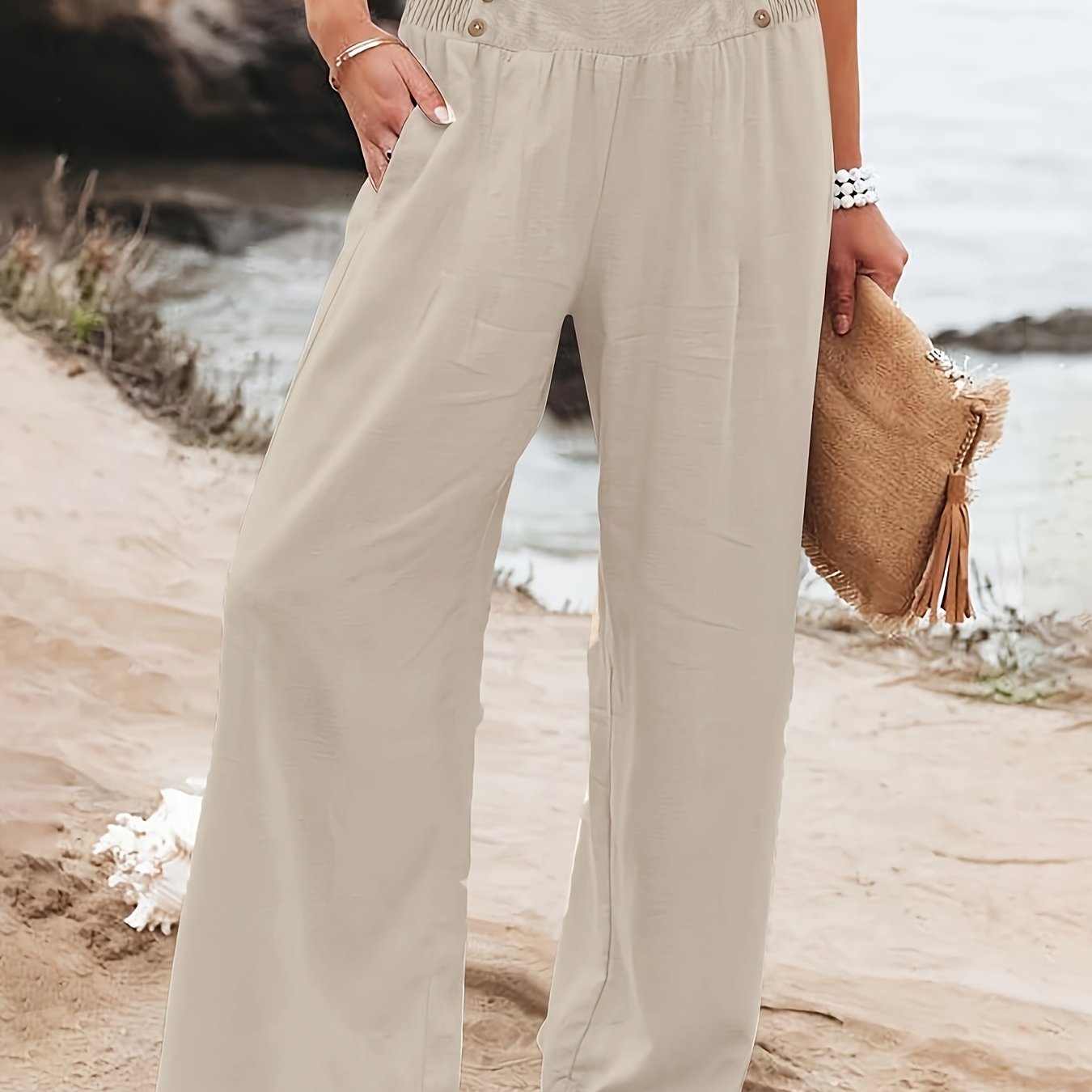 Plus Size Women's Wide-Leg Pants with Waistband Buttons Polyester Blend All-Season