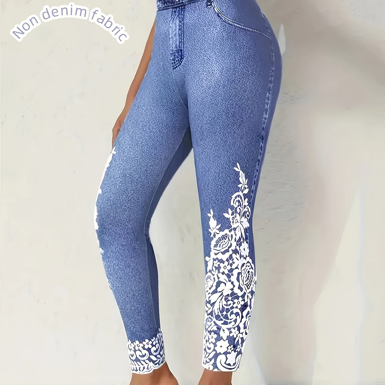Plus Size Denim Print Faux Pocket Skinny Pants Breathable Stretch Trousers