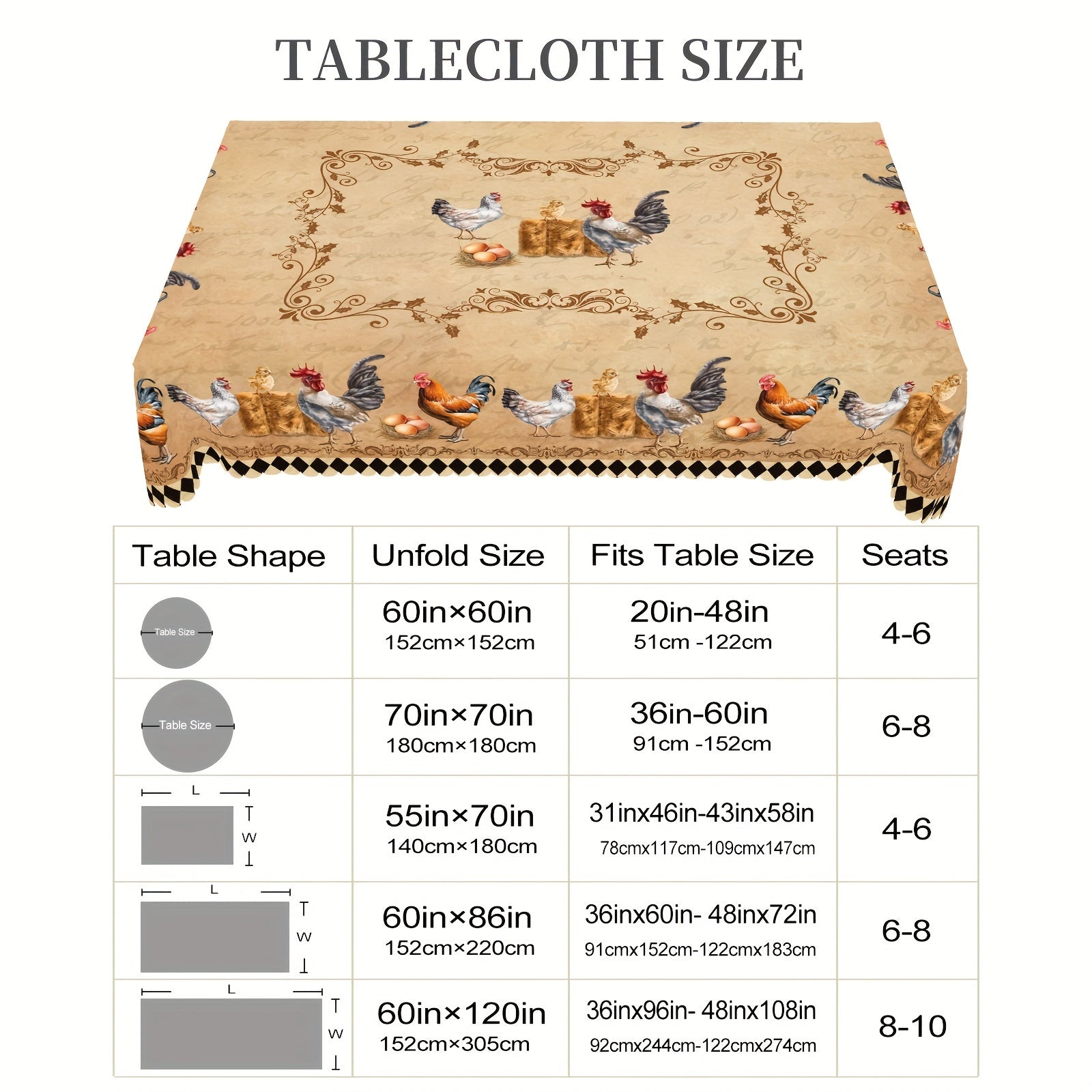 Farmhouse Rooster Chick Egg Print Tablecloth for Indoor Outdoor Use