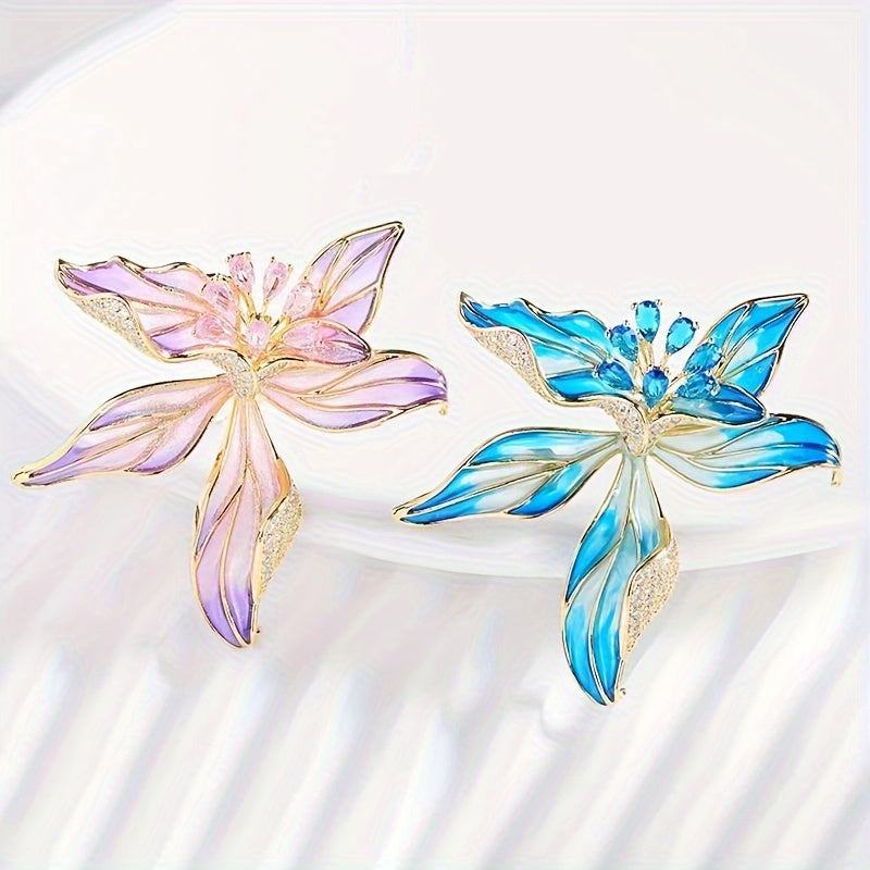 Vintage-Inspired Alloy Flower Brooch with Enamel Orchid and Zirconia for Dresses