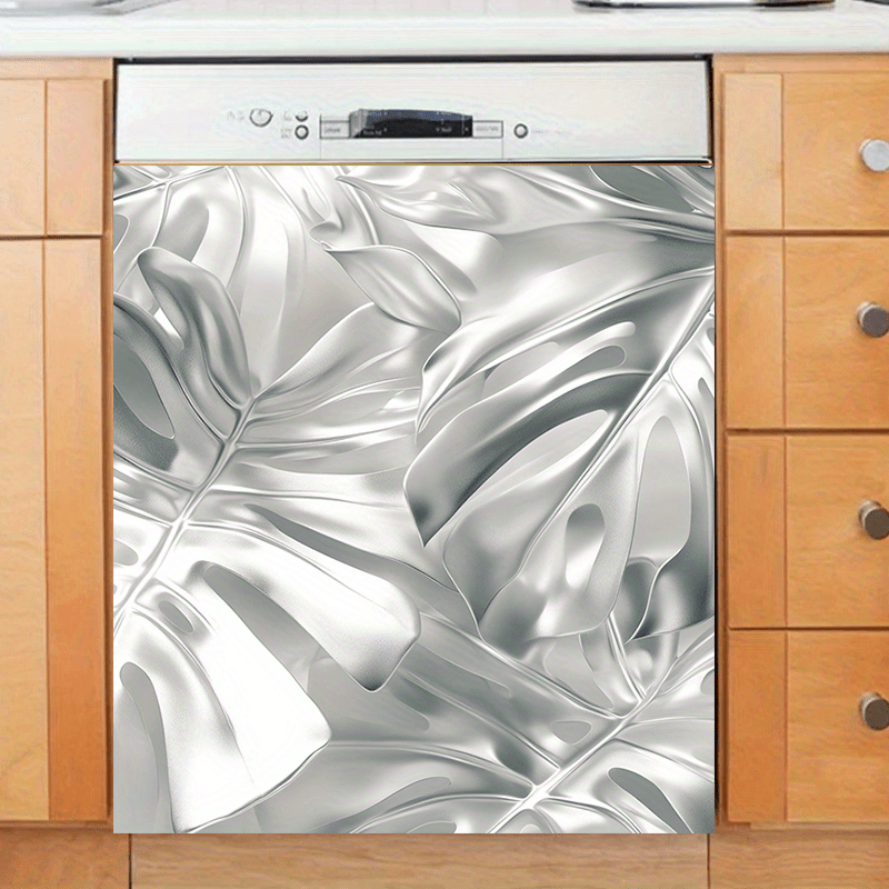 Metallic Silver Leaf Dishwasher Cover Magnet Waterproof Oilproof Kitchen Decor 58.5x65 cm