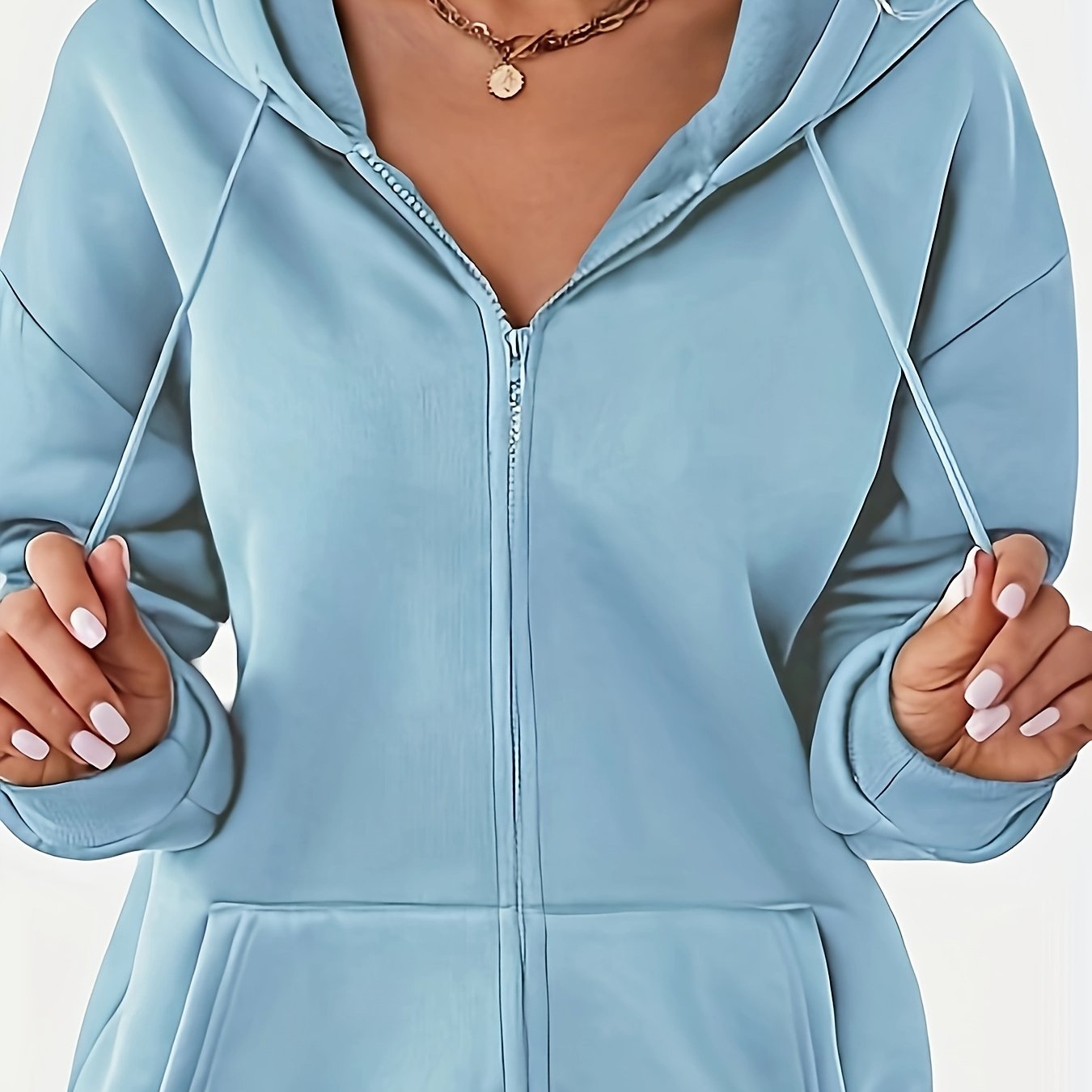 Women's Hooded Polyester Sweatshirt with Zipper and Solid Color Design