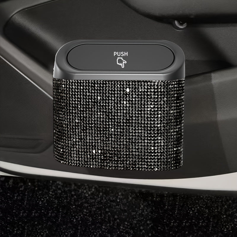 Car Interior Hanging Trash Can with Artificial Rhinestone Inlay Multi-Functional Storage