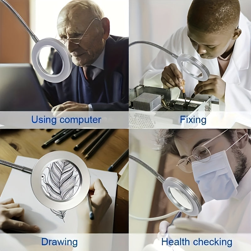 LED Desk Lamp with Eye Protection, Adjustable Brightness, Clip and Magnifying Glass for Reading and Beauty Tasks