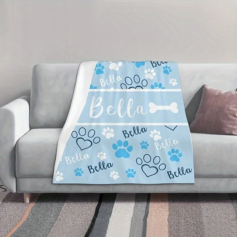 Personalized Dog Paw Print Flannel Blanket Soft Cozy Couch Bed Travel Camping All-Season