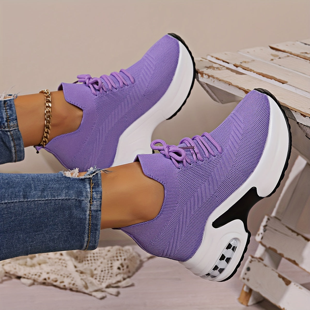 Women's Solid Color Knitted Sneakers, Lace-Up Platform Walking Shoes
