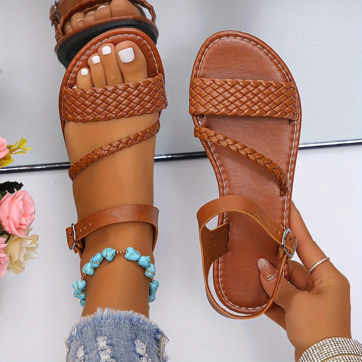 Women's Ankle Buckle Sandals with Braided Strap Synthetic Open Toe Summer Footwear