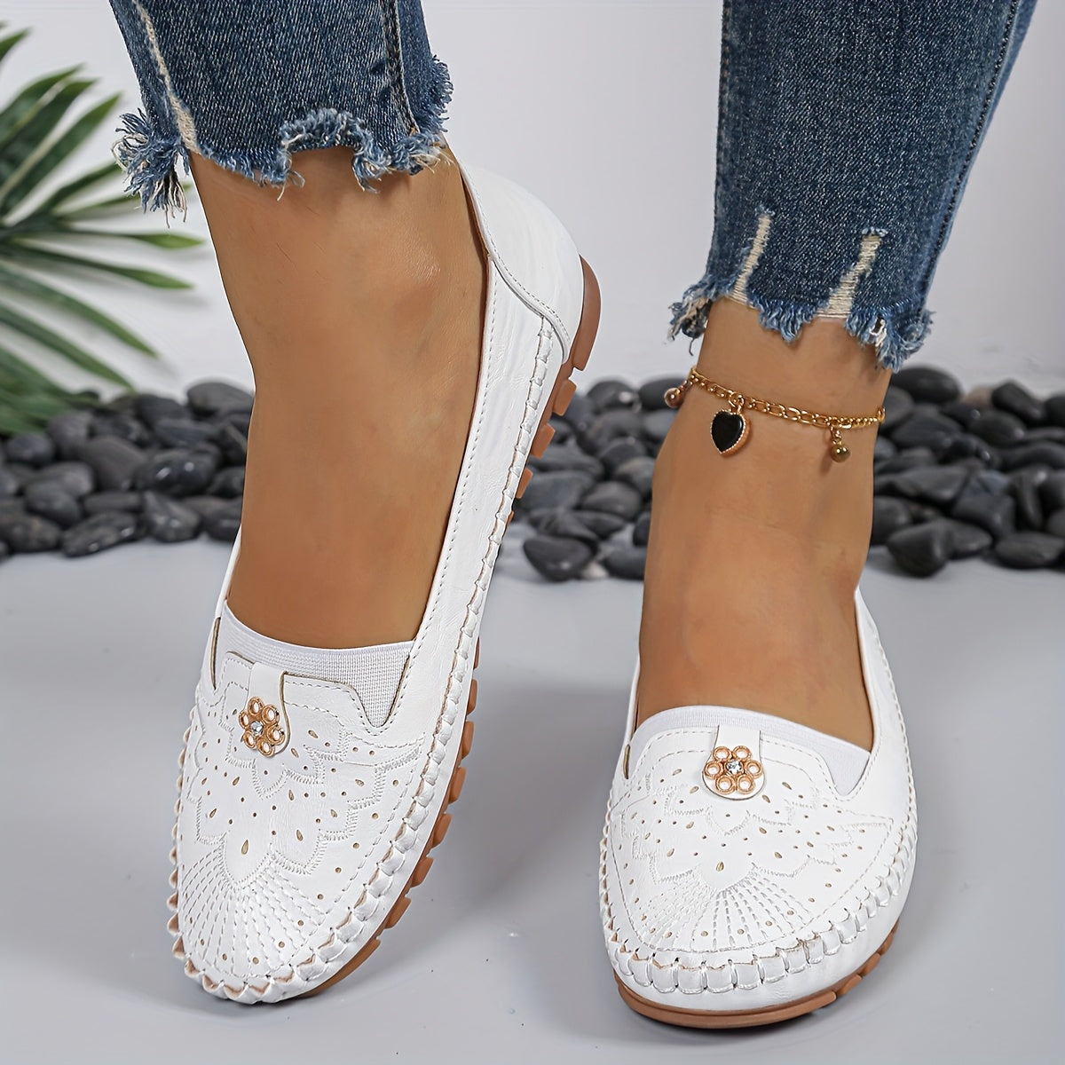 Women's White Embroidered Slip-On Loafers with Gold Accents