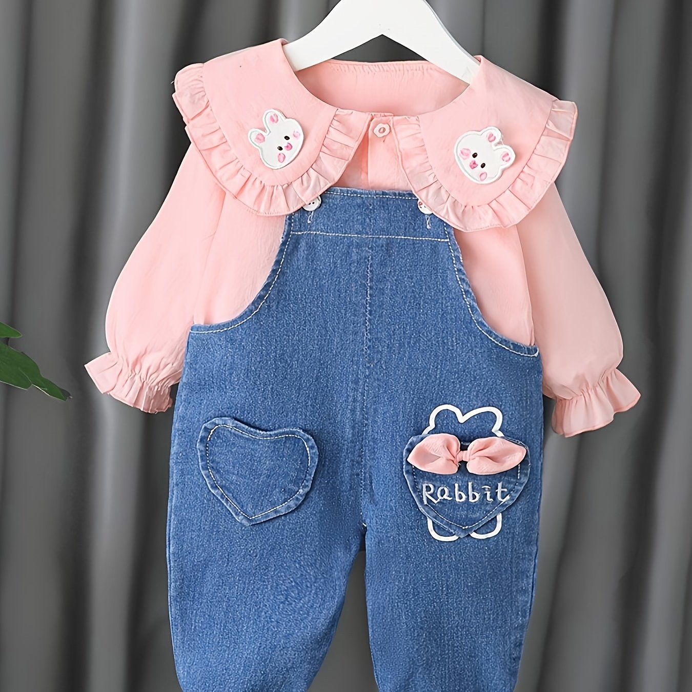 Baby Girl Denim Overalls with Rabbit Embroidery and Ruffled Blouse for Spring and Fall Outdoor Wear