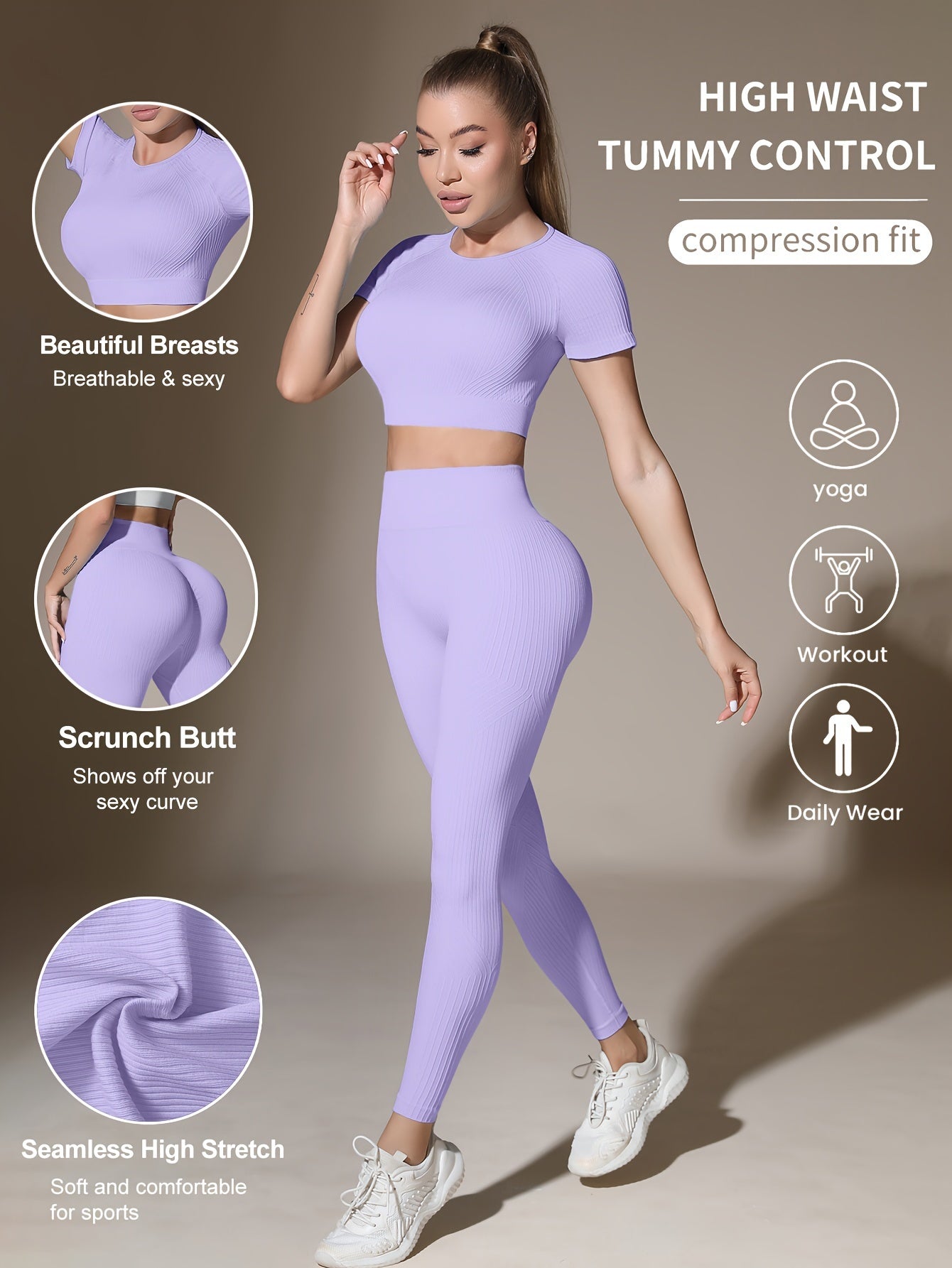 Women's Activewear Set for Workout and Running Breathable Yoga Top High Waist Leggings Solid Color