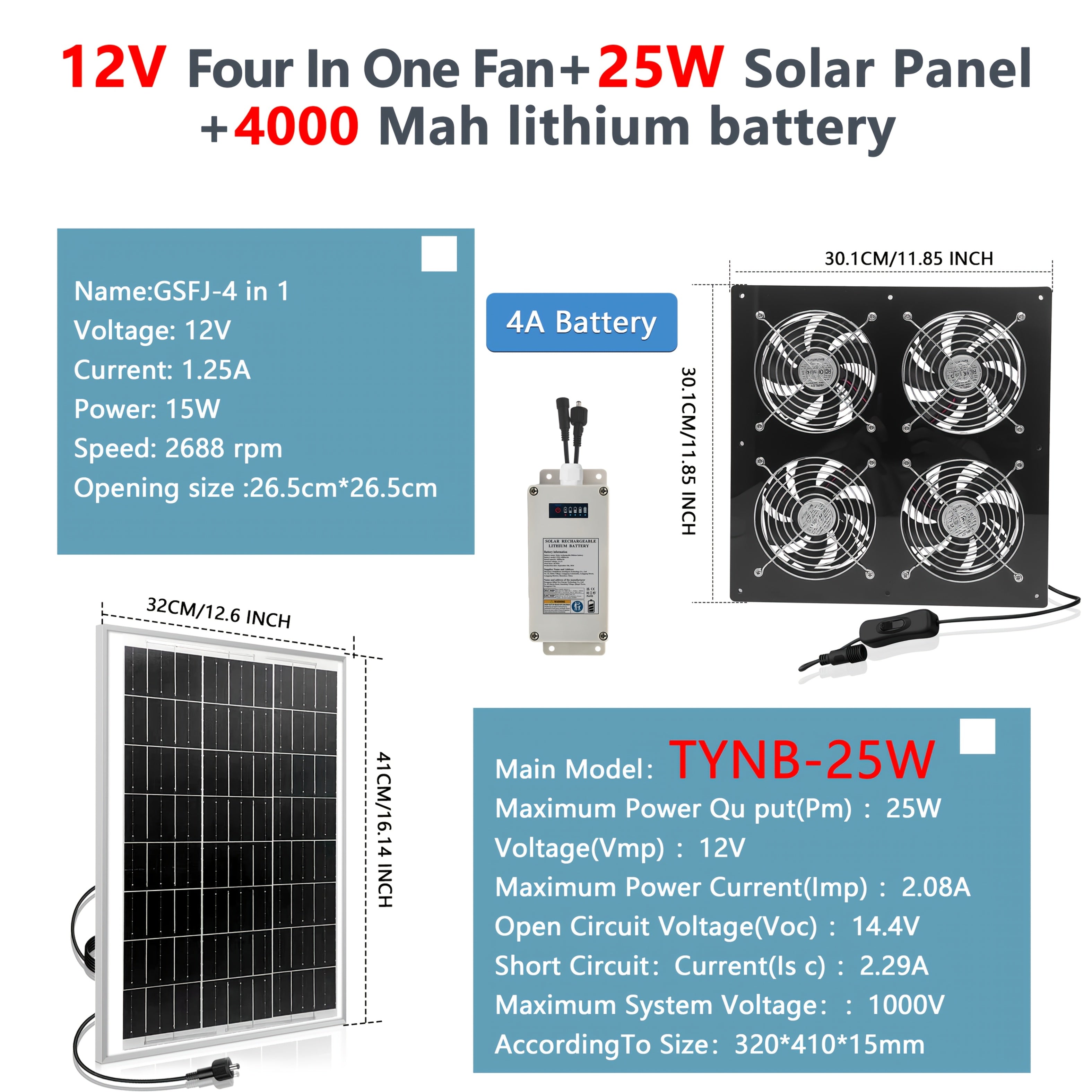 Quyosh energiyasi bilan ishlaydigan 25W ventilyator, litiy batareya bilan, it uylarida, issiqxonalarda va podvalda foydalanish uchun
