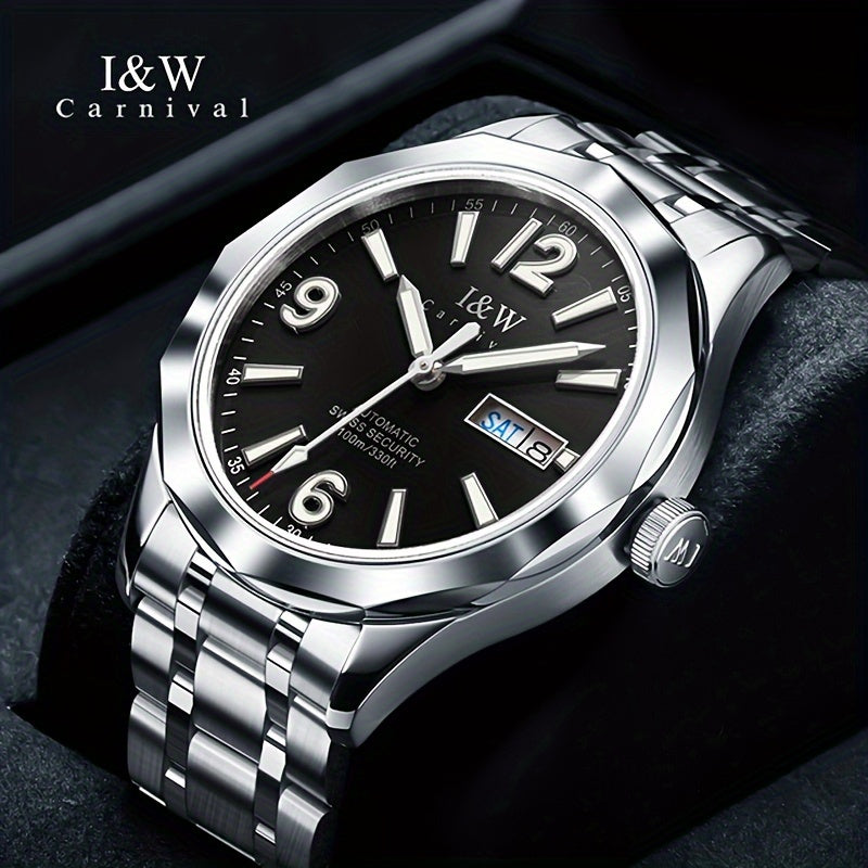 Men's Automatic Mechanical Watch Stainless Steel Waterproof 100M Dual Calendar Luminous
