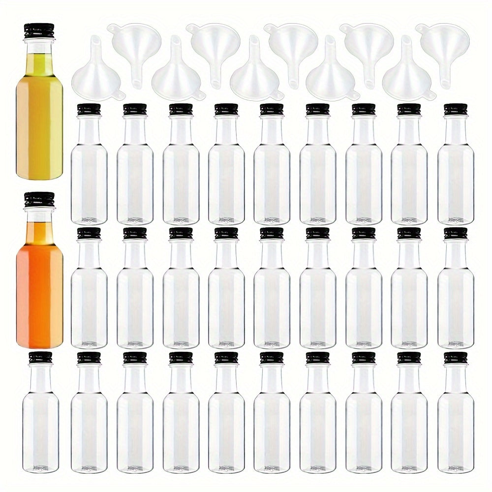 Pack de 30/50 botellas de plástico transparente en miniatura de 50 ml con tapas negras y embudos