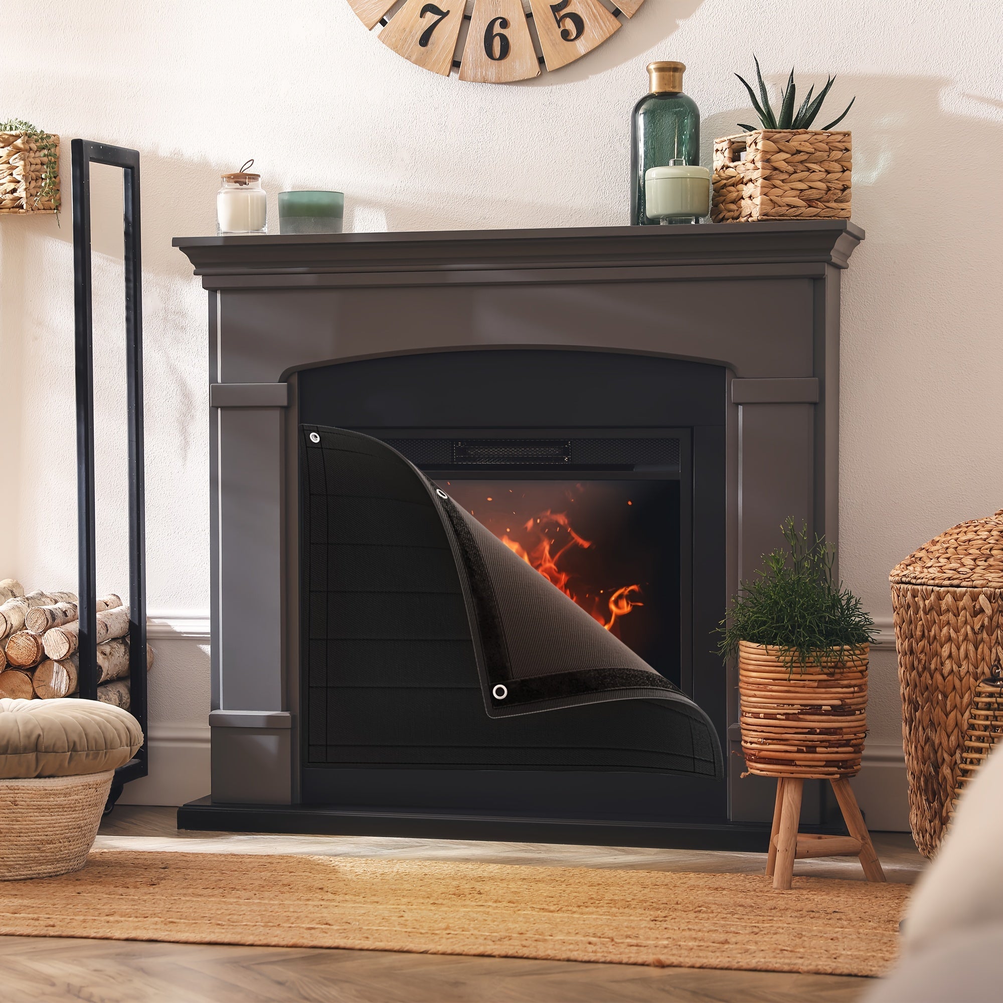 Black Fireplace Cover Indoor Use Flame Retardant Oxford Fabric Heat Loss Prevention