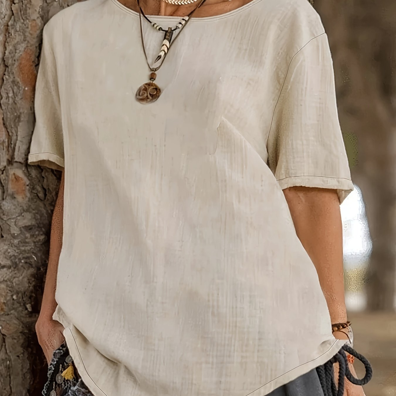 Plus o'lcham ayollar paxtali qisqa qo'lqopli bluz, bir rangli, barcha mavsumlar uchun kundalik ko'ylak