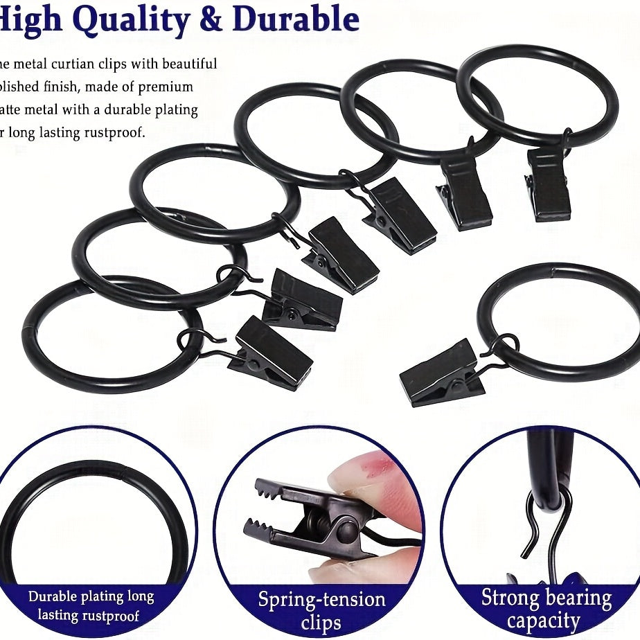 Zanglamas po'latdan yasalgan, vintage qora rangda qoplangan, kliplar va tutqichlar bilan birga keladigan pardalar halqalari. O'rnatish oson va tortish rod qozonlari uchun bezakli osma. 10 yoki 20 dona mavjud.