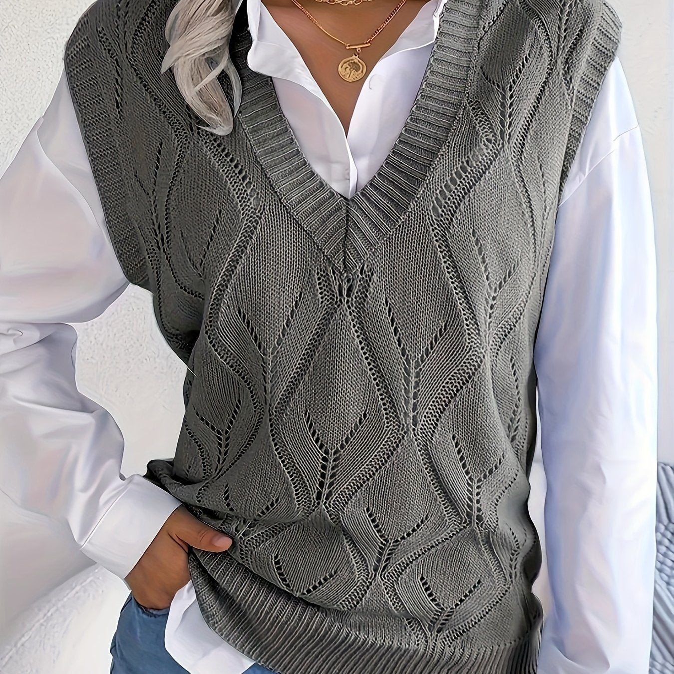 Plus Size Women's V-Neck Lace Sweater Vest Knitwear Casual Layering